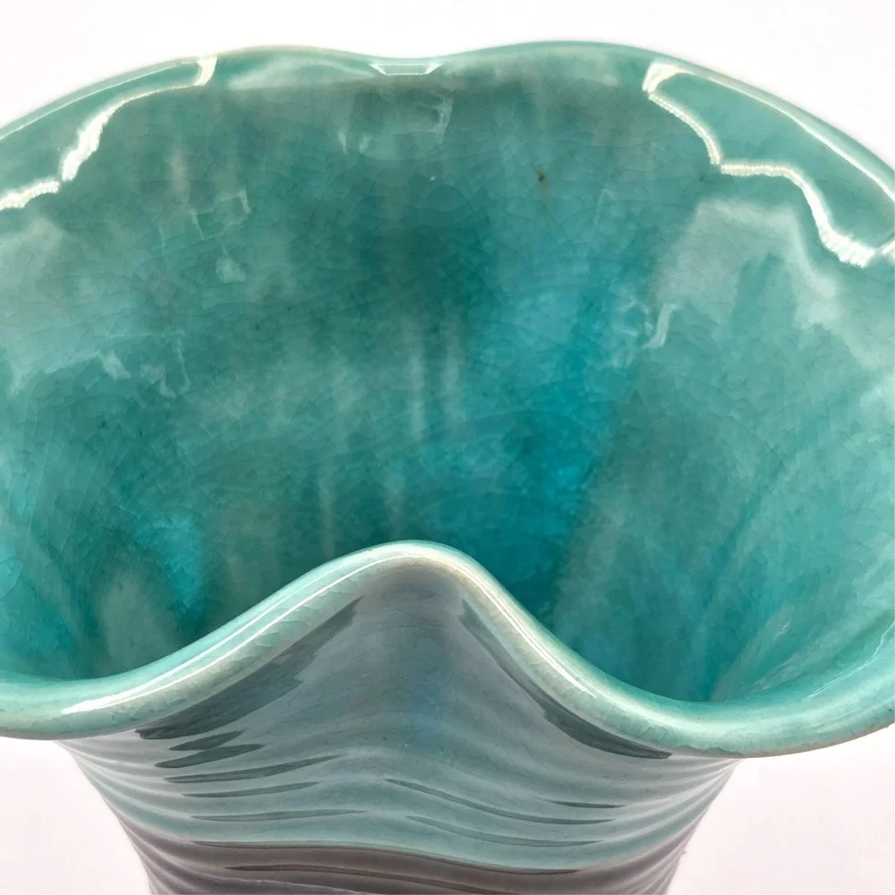 Vintage MCM Pottery‎ Aqua & Brown Stoneware Vase 6